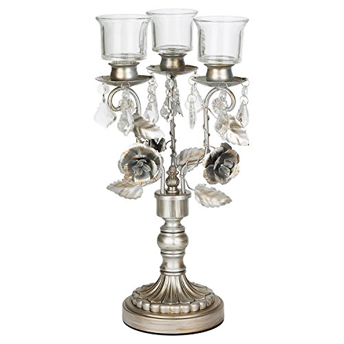 AMALFI DÉCOR Madeleine Antique Silver Metal Candelabra Centerpiece 3 Votive Candle Taper Candlestick