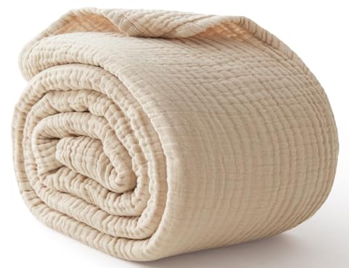 Cooling Throw Blanket Twin XL 66" x 90", 6 Layers Muslin Blankets 100% Cotton, Breathable and Lightweight Twin Blanket for Bed, Soft Bedspread, Gauze Bedding for All Season, Beige Linen