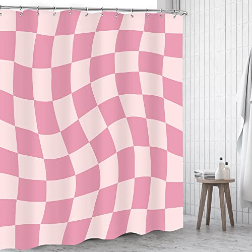 Omifly 60 70S Geometric Shower Curtain 60Wx72H Inch Pink And White Abstract Vintage Plaid Groovy Modern Trippy Fancy With 12 Plastic Hooks Fabric Waterproof Toilet Accessories Decor #TOP1