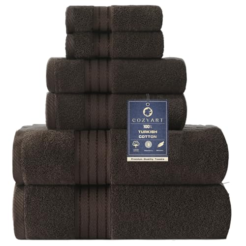 COZYART Brown Bath Towel Set, Cotton Hotel Large Towel Bulk for Bathroom, Thick Bathroom Sets of 6 with 2 Bath Towels, 2 Hand Towels, 2 Washcloths, 650 GSM