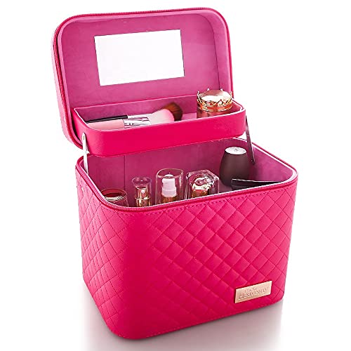 Adson Professional Makeup Train Case with Mirror - Cosmetic Studio Box Designed to Fit All Cosmetics Make Up Bag Organizer (Pink)