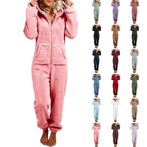AKTCVVJ Onesie Pajamas for Women Onesie Pajamas for Women One Piece Sherpa Hooded Jumpsuit Fleece Fuzzy Warm Romper Winter Adult with Pockets Pink