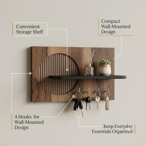 Image of Home Sparkle Wall Mounted Key Holder for Home Entrance with Shelf | Premium MDF Wood Organizer with Paint Finish | Modern Key Hanger Rack with 5 Hooks for Keys & Daily Essentials | Walnut & Black