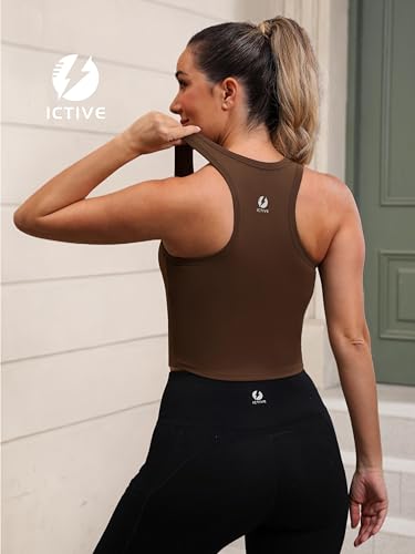 ICTIVE Women's Racerback Longline Sports Bra Built in Padded Slim Fit Workout Yoga Crop Tops Coffee XL — view 5