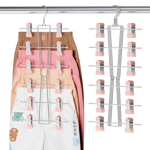 Image of DOIOWN 6-Tier Baby Hangers with Clips - Space Saving Kids Pants Hangers for Babies & Kids Pant,Clothe,Adjustable Toddler Clothes Hanger for Newborn Children Closet Organization Pink 4Pack