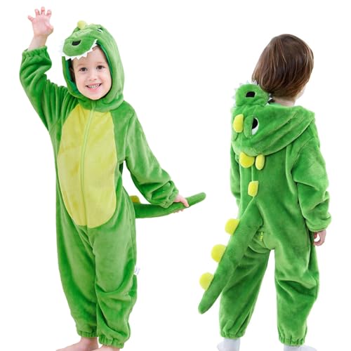 LOLANTA Toddler Dinosaur Animal Costume Unisex Baby Kids Flannel Hooded Romper Jumpsuit Dress Up Outfit（3.5-4.5Y,dinosaur）
