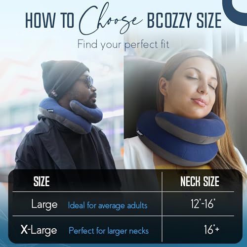 Image of BCOZZY Travel Neck Pillow for Airplane - Patented Double Support for Head, Neck, and Chin. Best for Long Flights, Plane Sleeping & Car Rides. Adjustable Size. Fully Washable. Carry Bag. X-Large, Navy