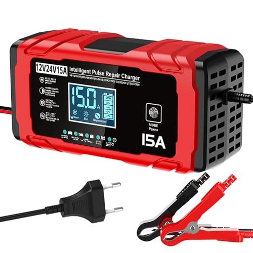 TEKXDD Chargeur Batterie Voitures 12V/24V 15A Automatique, avec Compensation de Température,Booster Batterie Universel Intelligent, pour Voiture, Camion, Moto, Maintien de Charge Sûr Et Efficace