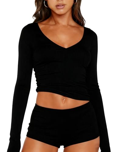 Image of Dressmine Sexy Pajamas Set for Women Spring Pj Lounge Sets 2 Piece Cute Sleepwear Long Sleeve V Neck Y2K Tops Shorts