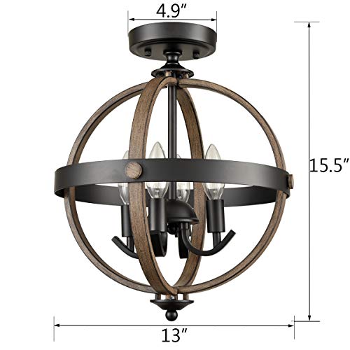 Teenyo Farmhouse Ceiling Light Fixture Rustic Semi Flush Mount 4-Light Wood Grain And Black Finish Globe Ceiling Light Fixtures For Hallway Dining Room Kitchen #TOP4