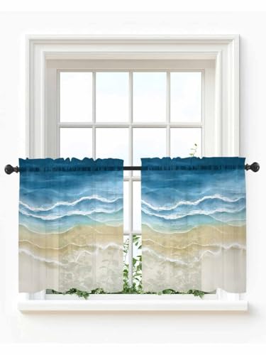 Epetloutys Blue Summer Beach Sheer Tier Curtains 36 Inch Length,