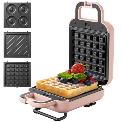 LIVEN - Mini Waffle Maker with 3 Shapes Removable Plates (Electric, Non-Stick), Small Chaffles Iron, Breakfast Machine for Belgian, Fried Donut, Hash Browns, Kids Individual Home (Pink)
