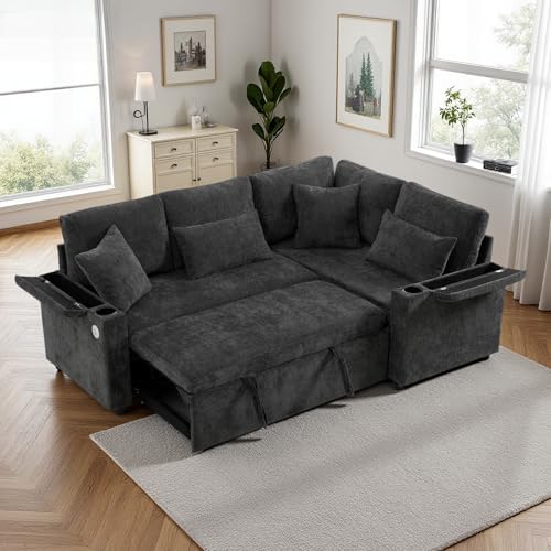 Vepssder Divano angolare convertibile a L con contenitore, porta USB, bracciolo e due cuscini, divano a 3 posti con divano letto estraibile, ciniglia (G-Gris)