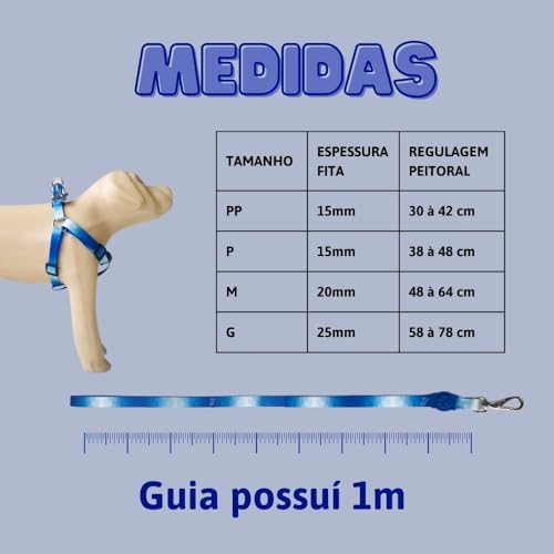 Conjunto Peitoral Coleira com Guia para Cachorros com Pingente para Identificação PP, Tamanho Ajustá