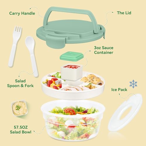 Image of Salad Container for Lunch, Bento Lunch Box 58-oz with 4 Compartments Tray and Ice Pack, Leak-Proof Salad Bowl with Lid for Adults, BPA-Free Lunch Box for Meal Prep & Food Storage(Green)