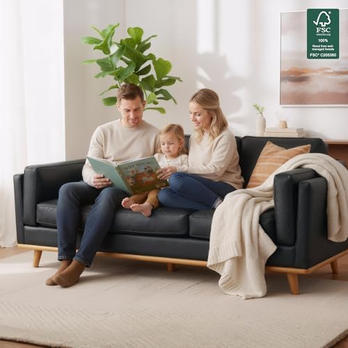 MCombo 88'' Napa Leather Sofa Couch 3-Seater for Living Room, Office, Vintage Italian Leather, Black - Thumbnail 4