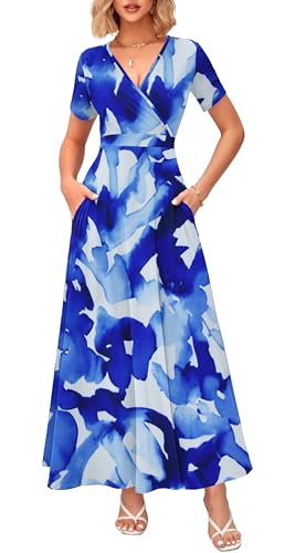 Image of WNEEDU Women's Summer Maxi Dress Short Sleeves Wrap V Neck Long Dresses with Pockets