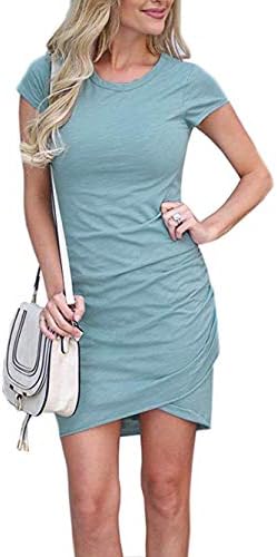 Voopptaw Womens Summer Casual Solid Ruched Short Sleeve T-Shirt Mini Dress Light Blue Large