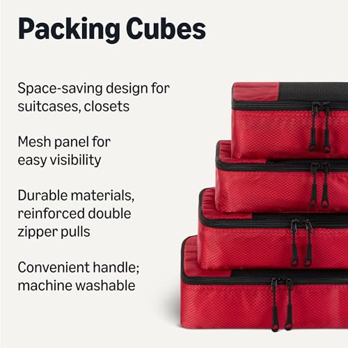 Image of Amazon Essentials 4-Piece Space-Saving Packing Cubes Travel Accessories Set, Luggage Organizer with Double Zipper, Mesh Top, Small, Red (Previously Amazon Basics)