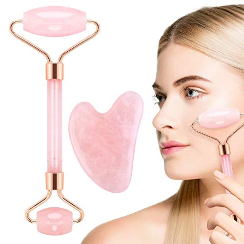 Jade Roller and Gua Sha Set, Rose Quartz Face Roller & Gua Sha Massage Tool,Facial Roller Massager for Face, Eye, Neck - Reduce Wrinkles and Anti-Aging Natural Jade Stone