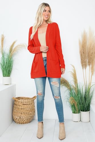 Image of Classic Long Sleeve Open Cardigan - Relaxed Lightweight Pocket Shawl Cardi Outerwear Buffalo Plaid Check, Floral, Solid