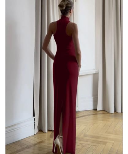 Image of Women High Neck Bodycon Dress Summer Casual Sleeveless Back Slit Elegant Party Cocktail Maxi Formal Dresses