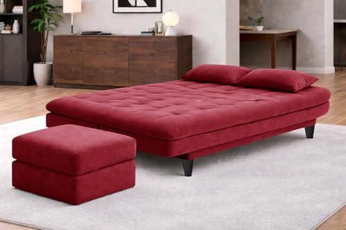 Image of Rosebell Modern Three-Seater Sofa Cum Bed Foldable Velevt Fabric Sofa, Foam Seating, Stylish Design for Living Room, Guest Room & Office - Red Color