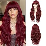 Angzon Burgundy Wig With Bangs Long Wavy Wine Red Wigs for Women 26 Inch Curly Wavy Wig With Bangs Natural Looking Synthetic Heat Resistant Fiber Wig for Daily Party Use