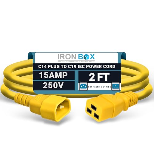 Image of IronBox Electric - Heavy-Duty C14 to C19 Power Cord, 15A, 250V, 14 /3 SJT - IEC60320 PC Cable for Computer Extensions, Monitor, PSU - C14 Male to C19 Female Connector Power Cable - (Yellow 2 Foot)