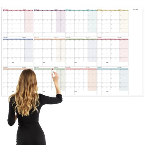 Wall Planner Undated Extra Large (145.5 x 92 cm) Laminated 12-Month Dry Erase Reusable Wall Planner Wall Calendar for Home Office School Rainbow