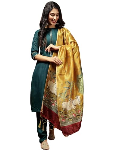 Image of EthnicJunction Women's Cotton Blend Kurta Pant Dupatta Set with Digital Print Dupatta | Karva Chauth Special Kurta