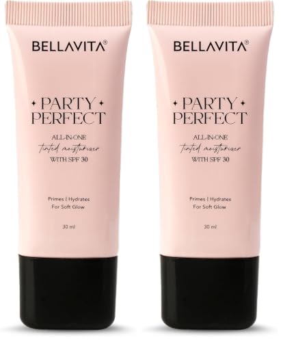Image of BELLAVITA Party Perfect All-in-one Tinted Moisturizer with SPF 30 | Hydrating Skin Tint, Face Primer & Sunscreen | Lightweight Formula with Adaptive Tint for Natural, Dewy Glow | 30ml (Medium Shade)