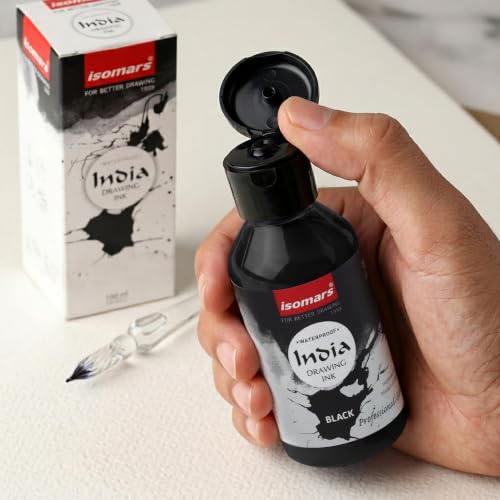 Image of Isomars India Waterproof Drawing Ink Black 100ml | Professional Waterproof Ink for Calligraphy, Illustration, Airbrush, Technical Drawing, Sketching & Fine Art