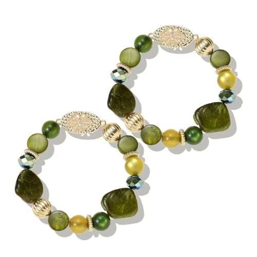 Chunky Natural Shell Glass Beaded Stretch Bracelet Stack for Women, Classy Boho Jewelry Gift