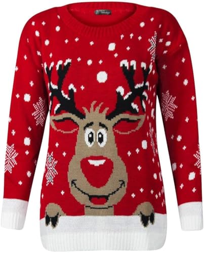 WearAll Women's Knitted Merry Christmas Long Sleeve Xmas Tree Ladies Pom Jumper Rudolph Red 8-10