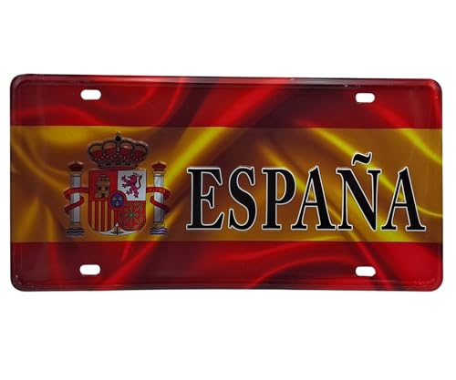 Matrícula Decorativa España 30x15 cm – Placa Metálica de Pared con Escudo y Colores de la Bandera – Estilo Vintage para Garaje, Bar, Habitación, Oficina – 4 Orificios. (España 2)