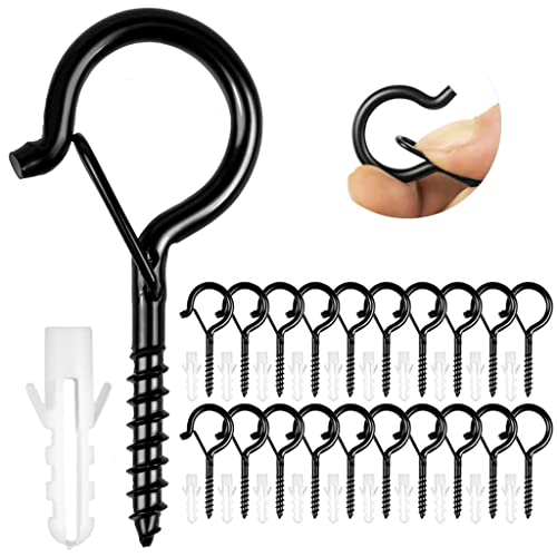 Image of HASTHIP Plastic 20Pcs Screw Wall Hooks For Outdoor String Lights, Outdoor Hooks For Light Eye Hooks Screw-In Cup Hooks Ceiling Hooks With Safety Buckles, Hanging Hooks For Plants Pot (Black)