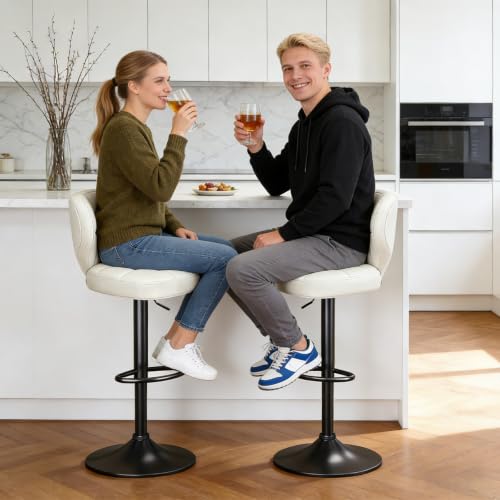 Image of Modern Bar Stools Set of 2, Adjustable Swivel Upholstered Full-Back Counter Height Bar Chairs for Kitchen Island, Dining Room, Bar (White)