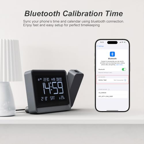 Miniatura 3 de Pasivole Reloj De Proyección Digital Con Ajuste De Enfoque Para Dormitorio - Proyector Giratorio De 180 , Sincro De Hora Por Bluetooth, Alarmas Dobles, Fecha, Temperatura, Atenuador 4 Niveles, Snooze