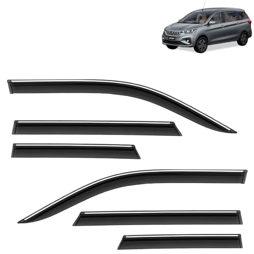 Image of KINGSWAY Accessories Chrome Lining Door Visor Only Compatible with Maruti Suzuki Ertiga (Year 2025 Onwards), Premium Chromeline Unbreakable Car Rain Guard Side Rear Wind Deflectors, Pack of 6