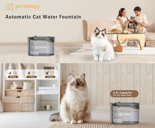 Petnology Cat Fountain for Drinking with Triple Filtration, Automatic Pet Water Dispenser 2.5L/84oz, Pet Water Fountain for Cats Kitten Dog, Filtered Cat Water Fountain Encourages Hydration, BPA-Free