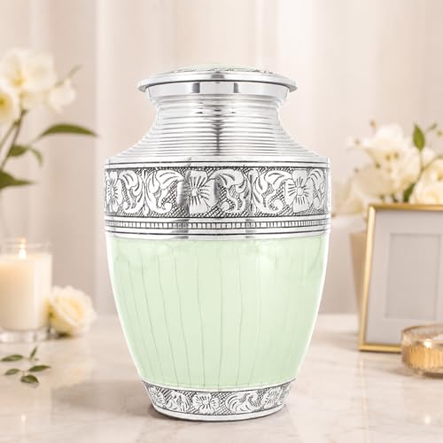 Image of Large Cremation Urn for Human Ashes Adult - Handcrafted Aluminum Memorial Urn for Men & Women, Secure Screw-Top Lid, 200 Cubic Inches, Decorative Funeral Burial Urn for Home Display, Green Silver