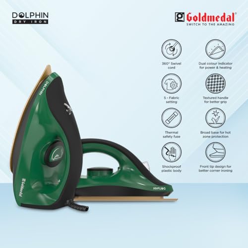 Image of Goldmedal Dolphin 1100W Dry Iron| Non-stick Weilburger Premium Coated Soleplate | iron for clothes | 5 Fabric Setting| Broad Base for Hot zone Protection | Shock-Proof Body (Green- Black)