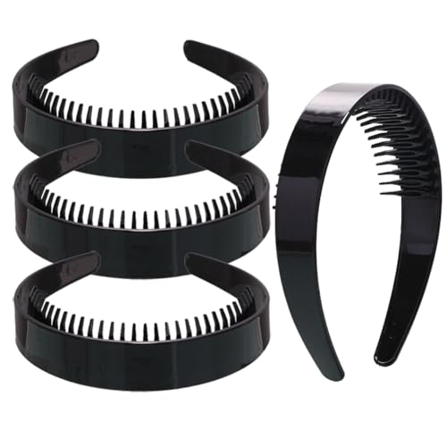luzen 4Pcs Unisex Plastic Handbands with Comb Teeth Wide Non-slip Teeth Headbands Hairband Hair Hoop Headwear Fashion Hair Accessories for Men Women Travel Sports and Daily Wear, Black