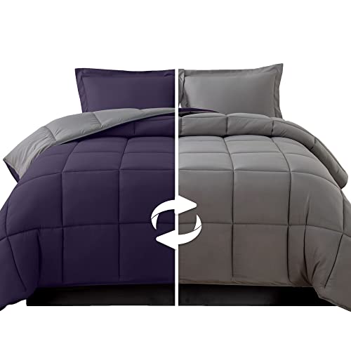 Image of Elegant Comfort 3-Piece Reversible Comforter Set, All Season Cozy, Soft Down Alternative, Quilted - Box Stitched - Duvet Insert with 4 Corner Tabs, Comforter with Shams, Twin, Purple /Gray