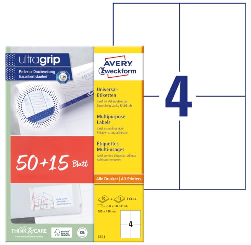 AVERY Zweckform 6601 Universal Etiketten (200 plus 60 Klebeetiketten extra 105x148mm auf A4 Papier matt bedruckbare Versandetiketten selbstklebende Versandaufkleber mit ultragrip) 65 Blatt weiß