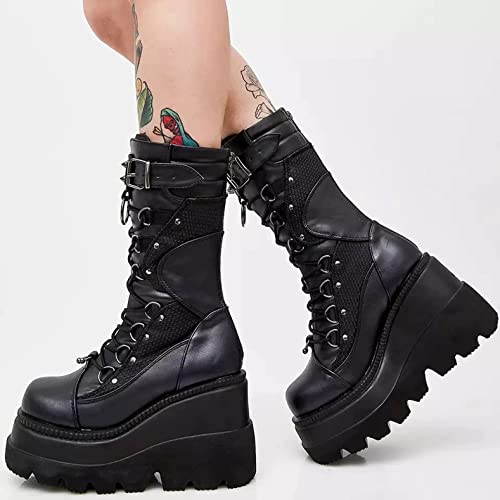 ZKXYFFS Platform Ankle Boots for Women Chunky High Heel Booties Punk Goth Round Toe Combat Boots Womens Lace Up Motorcycle Wedges Boots4