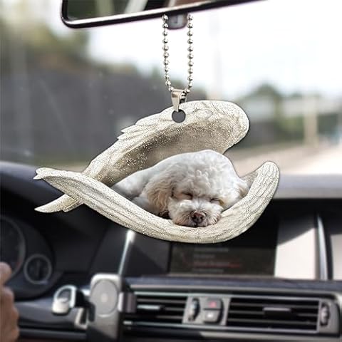 Talataca Bichon Frise Sleeping Angel Wing Memorial Dog 2D Flat Car Rear View Mirror Accessories Christmas Tree Ornament Decoration Hanging Charm Interior Rearview Pendant Decor Gift Cover