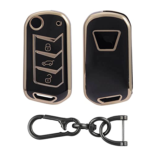 Image of Keyzone TPU Car Key Cover and Keychain Compatible for: Scorpio-N, TUV 300 Plus, XUV 300, XUV700, Marazzo, Bolero 2020, Scorpio, Thar Flip Key (Gold Black with Zinc Alloy Keychain)