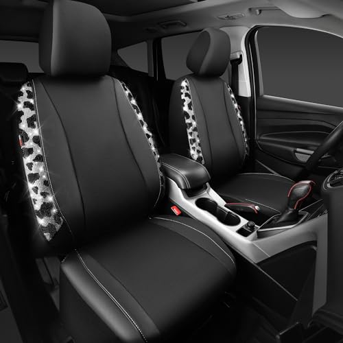 Image of CAR PASS Cow Diamond Leather Bling Car Seat Covers Universal, Faux Shining Rhinestones Two Front only, Fit 95% Automotive Glitter Crystal Sparkle Strips for Cute Women Girl, 2PCS Cow Silver Diamond